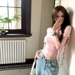 Lace Holiday Tune One-Shoulder Ruffle Edge Short Sleeve T-Shirt for Women - Flowing White Summer Top, Y2K Inspired Fashion