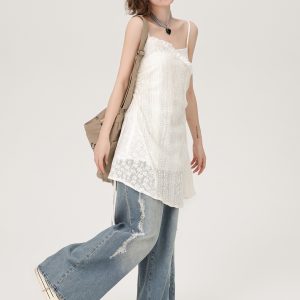 Lace Hollow-Out Camisole Dress for Women - Summer Layered Loose Slimming Dress, Girly Style, Niche Fashion, Y2K Trend