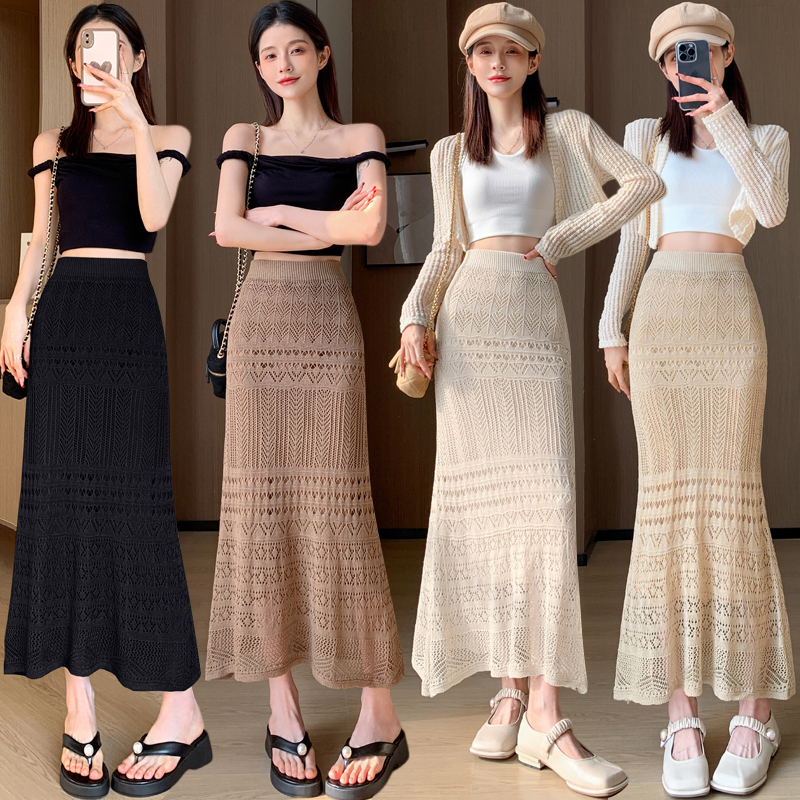 Lace Knitted Stretchy Pencil Skirt for Women - Slimming Bodycon Design with Ruffled Mermaid Hem, Perfect for Y2K and Chic Styles