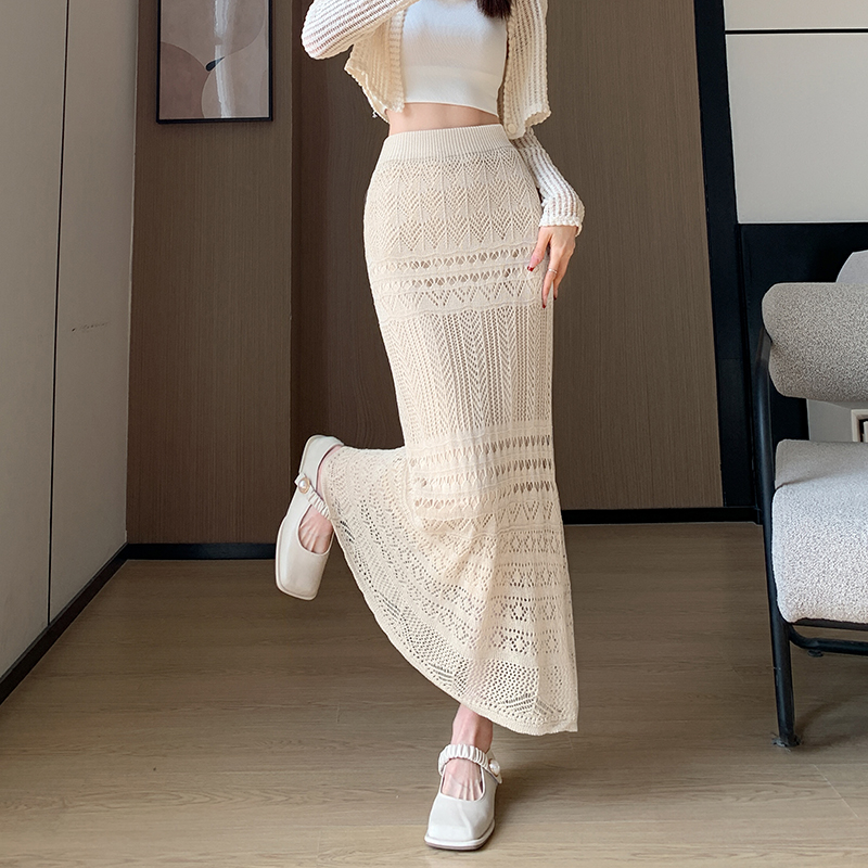 Lace Knitted Stretchy Pencil Skirt for Women - Slimming Bodycon Design with Ruffled Mermaid Hem, Perfect for Y2K and Chic Styles Lace Knitted Stretchy Pencil Skirt for Women - Slimming Bodycon Design with Ruffled Mermaid Hem, Perfect for Y2K and Chic Styles