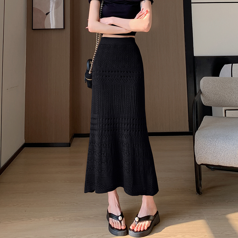 Lace Knitted Stretchy Pencil Skirt for Women - Slimming Bodycon Design with Ruffled Mermaid Hem, Perfect for Y2K and Chic Styles Lace Knitted Stretchy Pencil Skirt for Women - Slimming Bodycon Design with Ruffled Mermaid Hem, Perfect for Y2K and Chic Styles