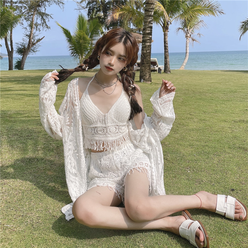 Lace Long-Sleeve Sun Protection Cardigan Set with Strapless Camisole and Shorts - Perfect for Seaside Vacation Style Lace Long-Sleeve Sun Protection Cardigan Set with Strapless Camisole and Shorts - Perfect for Seaside Vacation Style