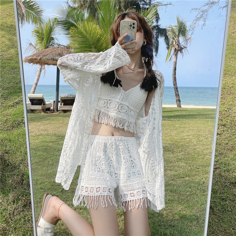 Lace Long-Sleeve Sun Protection Cardigan Set with Strapless Camisole and Shorts - Perfect for Seaside Vacation Style Lace Long-Sleeve Sun Protection Cardigan Set with Strapless Camisole and Shorts - Perfect for Seaside Vacation Style