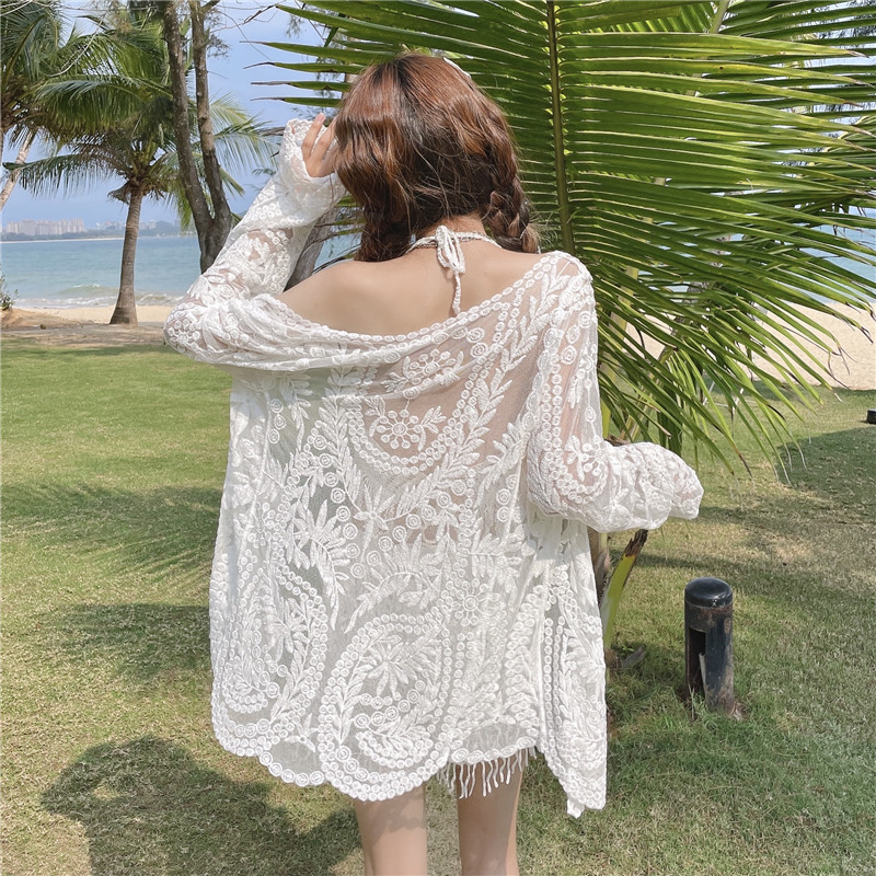 Lace Long-Sleeve Sun Protection Cardigan Set with Strapless Camisole and Shorts - Perfect for Seaside Vacation Style
