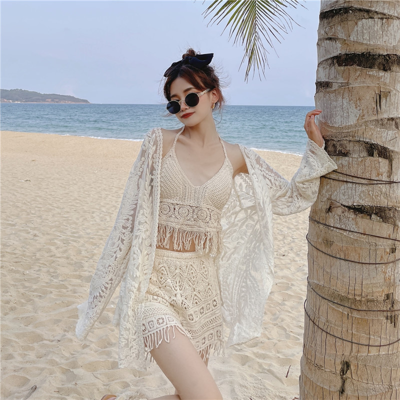 Lace Long-Sleeve Sun Protection Cardigan Set with Strapless Camisole and Shorts - Perfect for Seaside Vacation Style Lace Long-Sleeve Sun Protection Cardigan Set with Strapless Camisole and Shorts - Perfect for Seaside Vacation Style
