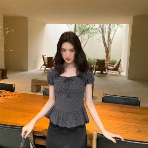 Lace Pleated Polka Dot Short Sleeve Shirt for Women - Elegant Slimming Waist Top, New Summer Style, Y2K Fashion
