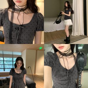 Lace Pleated Polka Dot Short Sleeve Shirt for Women - Elegant Slimming Waist Top, New Summer Style, Y2K Fashion