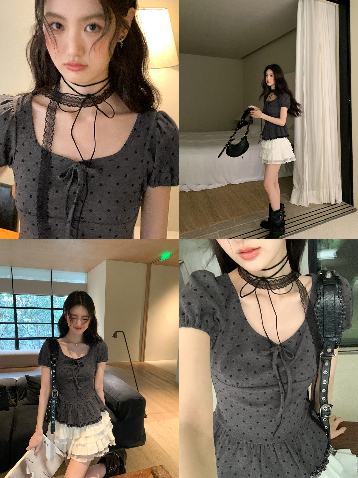 Lace Pleated Polka Dot Short Sleeve Shirt for Women - Elegant Slimming Waist Top, New Summer Style, Y2K Fashion Lace Pleated Polka Dot Short Sleeve Shirt for Women - Elegant Slimming Waist Top, New Summer Style, Y2K Fashion