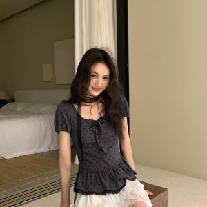 Lace Pleated Polka Dot Short Sleeve Shirt for Women - Elegant Slimming Waist Top, New Summer Style, Y2K Fashion