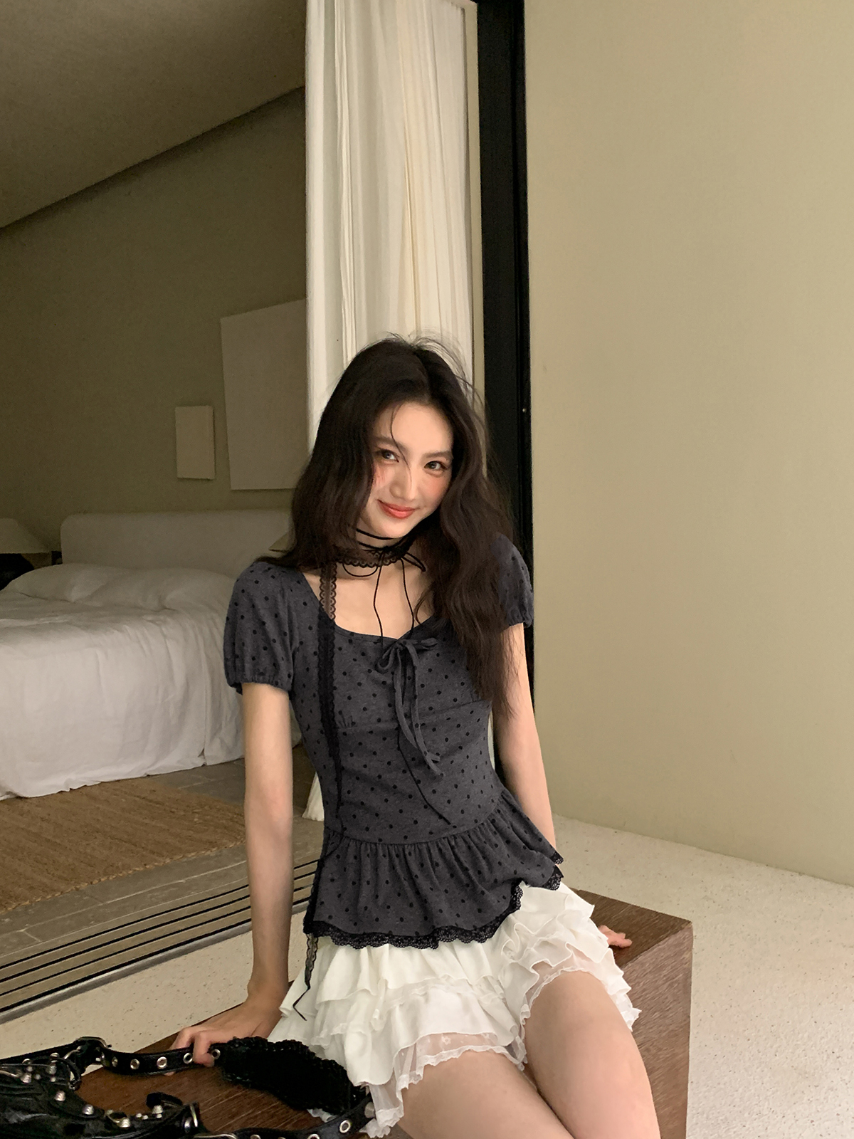 Lace Pleated Polka Dot Short Sleeve Shirt for Women - Elegant Slimming Waist Top, New Summer Style, Y2K Fashion Lace Pleated Polka Dot Short Sleeve Shirt for Women - Elegant Slimming Waist Top, New Summer Style, Y2K Fashion