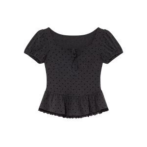 Lace Pleated Polka Dot Short Sleeve Shirt for Women - Elegant Slimming Waist Top, New Summer Style, Y2K Fashion