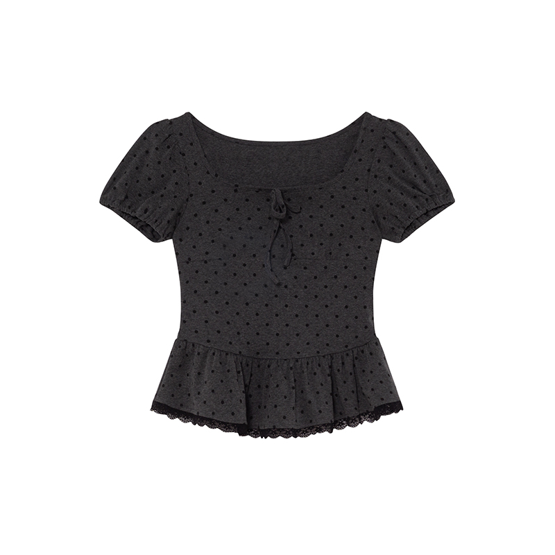 Lace Pleated Polka Dot Short Sleeve Shirt for Women - Elegant Slimming Waist Top, New Summer Style, Y2K Fashion