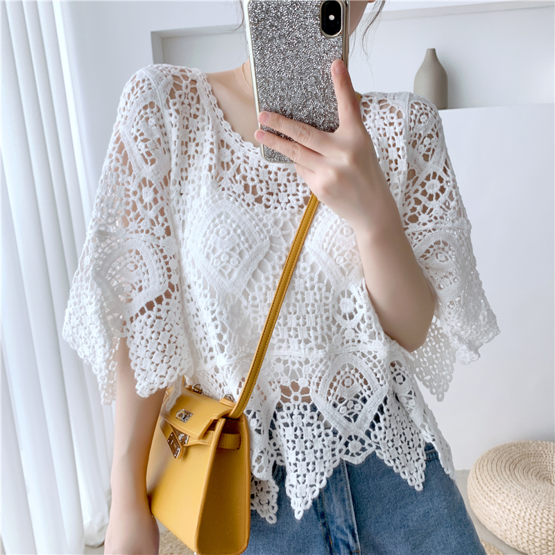 Lace Short-Sleeve Shawl Cover-Up Top for Women, Crochet Hollow-Out Blouse, Stylish Summer Knit Top with Skirt