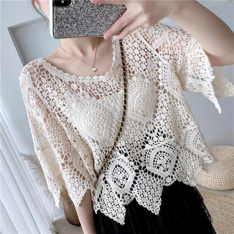 Lace Short-Sleeve Shawl Cover-Up Top for Women, Crochet Hollow-Out Blouse, Stylish Summer Knit Top with Skirt