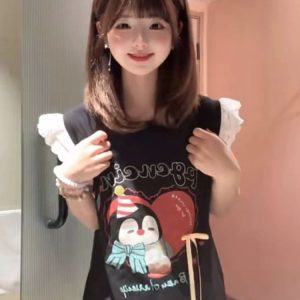 Lace Spliced Flutter Sleeve Bow Tie Vest T-Shirt for Women - Unique Shoulderless Summer Top