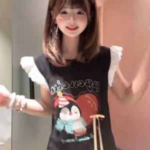 Lace Spliced Flutter Sleeve Bow Tie Vest T-Shirt for Women - Unique Shoulderless Summer Top