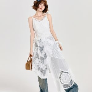 Lace Spliced White Camisole Dress with Layered Design and Matching Mid-Length Skirt - Girly Style, Perfect for Summer Events