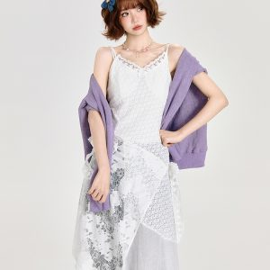 Lace Spliced White Camisole Dress with Layered Design and Matching Mid-Length Skirt - Girly Style, Perfect for Summer Events