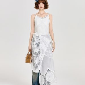 Lace Spliced White Camisole Dress with Layered Design and Matching Mid-Length Skirt - Girly Style, Perfect for Summer Events