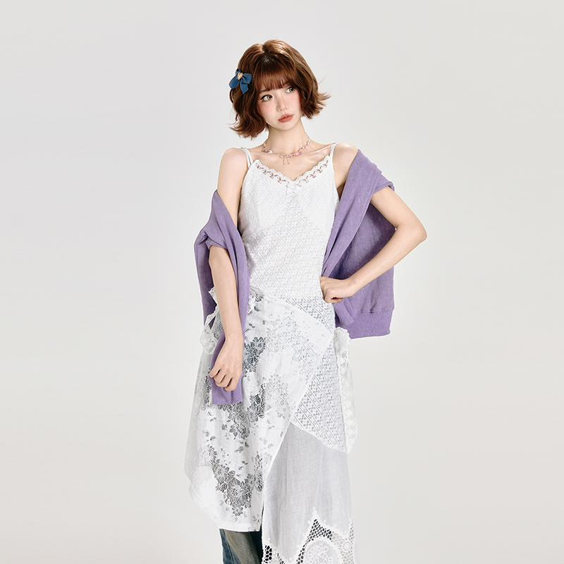 Lace Spliced White Camisole Dress with Layered Design and Matching Mid-Length Skirt - Girly Style, Perfect for Summer Events