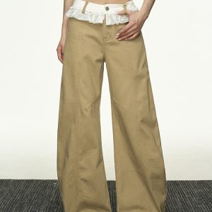 Lace Splicing Color-Blocking High-Waisted Casual Pants for Women - Summer Loose Slim Straight-Leg Versatile Wide-Leg Trousers