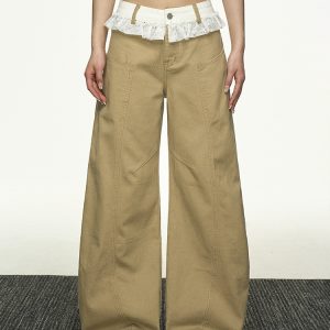 Lace Splicing Color-Blocking High-Waisted Casual Pants for Women - Summer Loose Slim Straight-Leg Versatile Wide-Leg Trousers