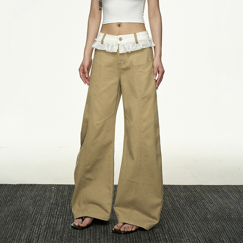 Lace Splicing Color-Blocking High-Waisted Casual Pants for Women - Summer Loose Slim Straight-Leg Versatile Wide-Leg Trousers