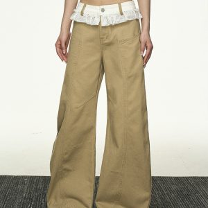 Lace Splicing Color-Blocking High-Waisted Casual Pants for Women - Summer Loose Slim Straight-Leg Versatile Wide-Leg Trousers