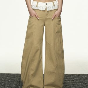 Lace Splicing Color-Blocking High-Waisted Casual Pants for Women - Summer Loose Slim Straight-Leg Versatile Wide-Leg Trousers