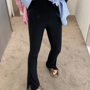 Lace Splicing High-Waisted Split Black Flared Pants for Women, Plus Size, Spring Summer Casual Fashion