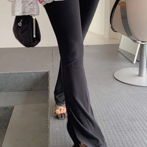Lace Splicing High-Waisted Split Black Flared Pants for Women, Plus Size, Spring Summer Casual Fashion