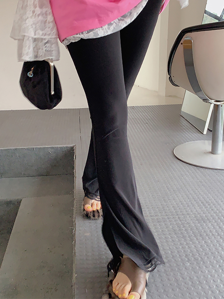 Lace Splicing High-Waisted Split Black Flared Pants for Women, Plus Size, Spring Summer Casual Fashion Lace Splicing High-Waisted Split Black Flared Pants for Women, Plus Size, Spring Summer Casual Fashion