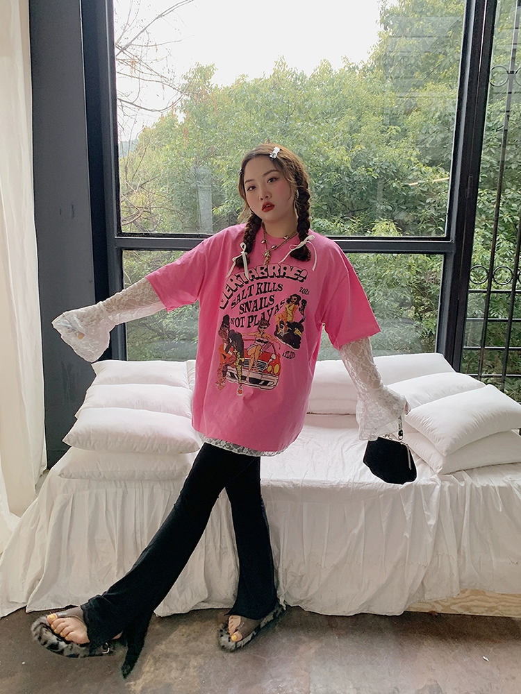 Lace Splicing High-Waisted Split Black Flared Pants for Women, Plus Size, Spring Summer Casual Fashion Lace Splicing High-Waisted Split Black Flared Pants for Women, Plus Size, Spring Summer Casual Fashion