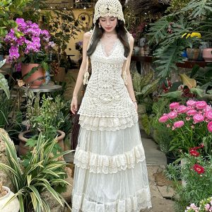 Lace Strap Knitted Hollow Vest Cover-Up with High-Waisted Lace Cake Skirt for Layering - Y2K Style Outerwear
