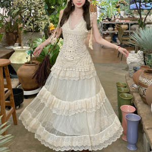 Lace Strap Knitted Hollow Vest Cover-Up with High-Waisted Lace Cake Skirt for Layering - Y2K Style Outerwear