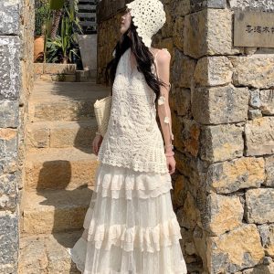 Lace Strap Knitted Hollow Vest Cover-Up with High-Waisted Lace Cake Skirt for Layering - Y2K Style Outerwear