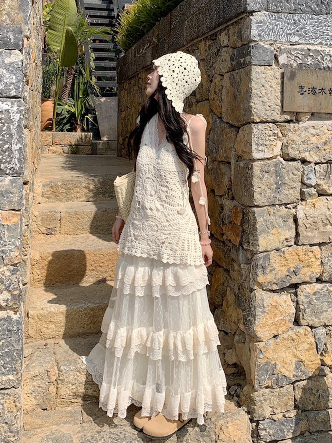 Lace Strap Knitted Hollow Vest Cover-Up with High-Waisted Lace Cake Skirt for Layering - Y2K Style Outerwear Lace Strap Knitted Hollow Vest Cover-Up with High-Waisted Lace Cake Skirt for Layering - Y2K Style Outerwear