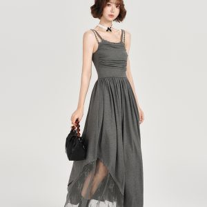 Lace-Trimmed Spicy Girl Camisole Dress for Women - Pleated Splicing, Slim-Fit, Mid-Length Summer Fashion in American Style