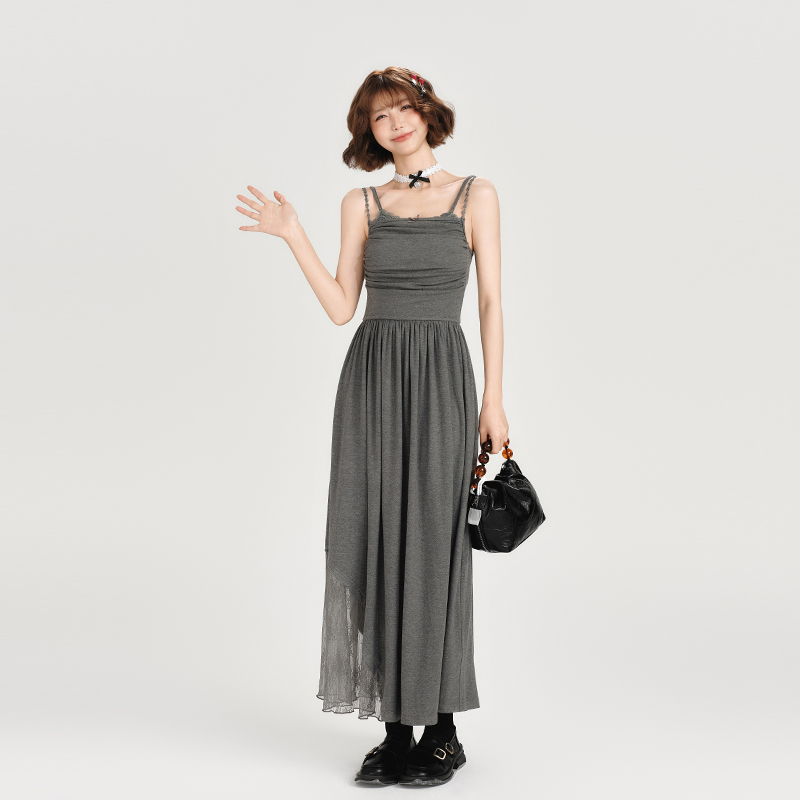 Lace-Trimmed Spicy Girl Camisole Dress for Women - Pleated Splicing, Slim-Fit, Mid-Length Summer Fashion in American Style