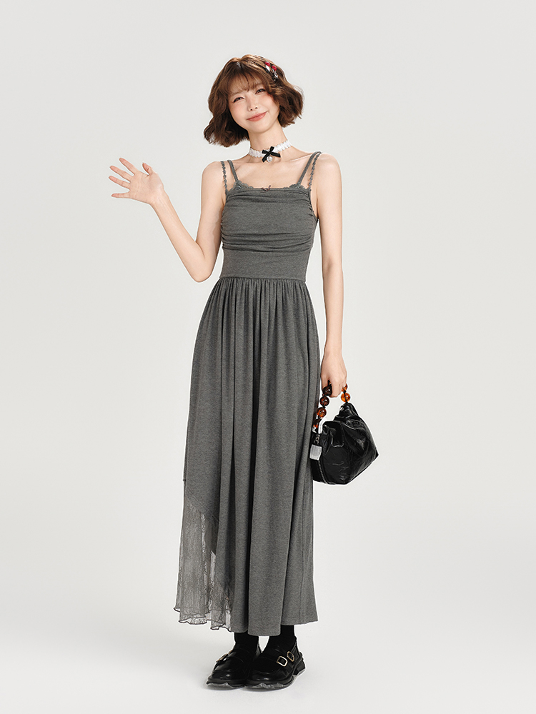 Lace-Trimmed Spicy Girl Camisole Dress for Women - Pleated Splicing, Slim-Fit, Mid-Length Summer Fashion in American Style Lace-Trimmed Spicy Girl Camisole Dress for Women - Pleated Splicing, Slim-Fit, Mid-Length Summer Fashion in American Style