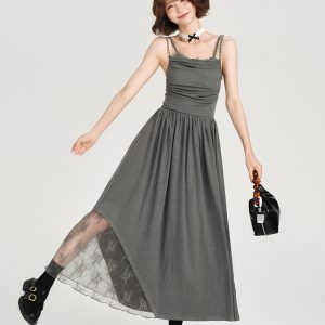 Lace-Trimmed Spicy Girl Camisole Dress for Women - Pleated Splicing, Slim-Fit, Mid-Length Summer Fashion in American Style