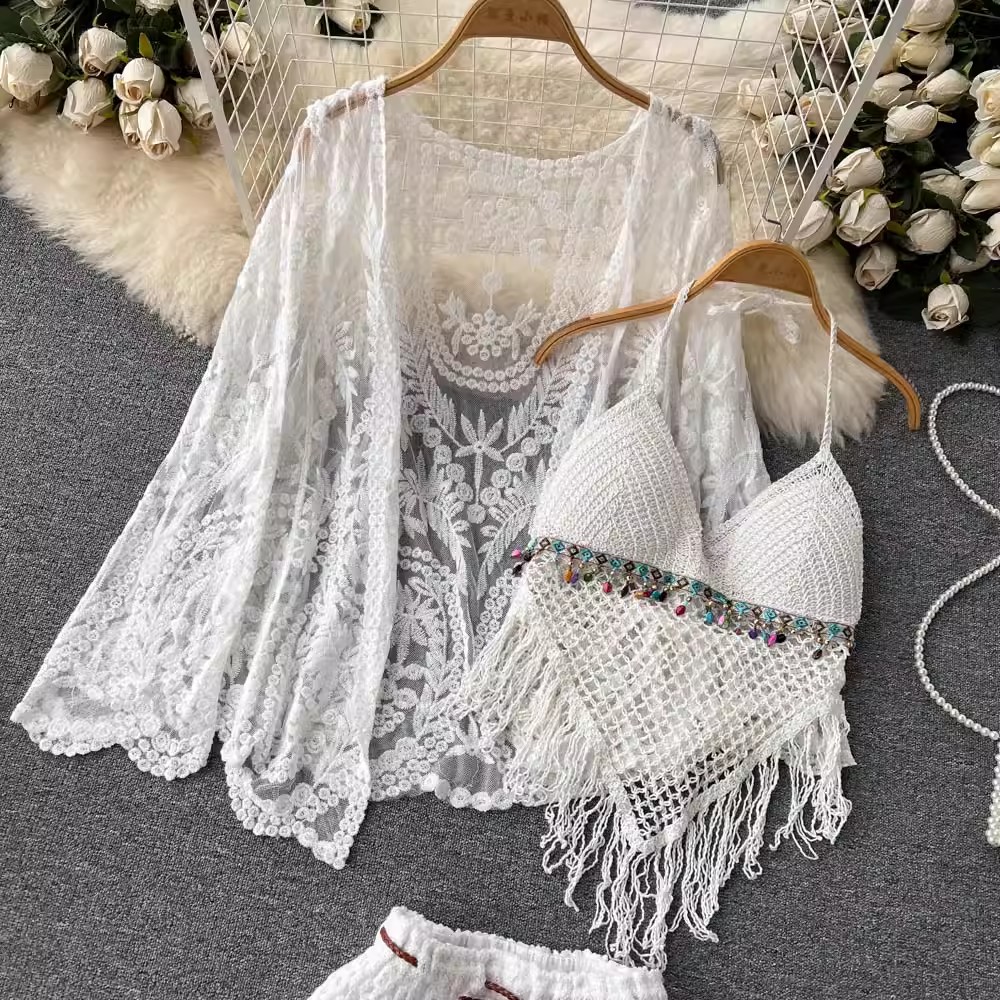 Lace-Up Beach Cardigan Cover-Up Set with Knitted Fringe, Sun Protection Swimsuit & Camisole Shorts for Vacation