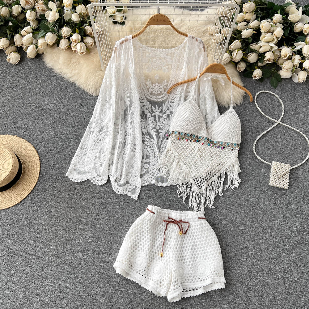 Lace-Up Beach Cardigan Cover-Up Set with Knitted Fringe, Sun Protection Swimsuit & Camisole Shorts for Vacation