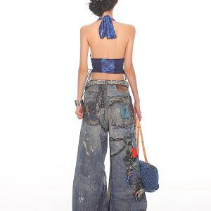 Lace-Up Blue Plaid College Tank Top for Women - 2025 Summer American Millennial Y2K Style