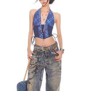 Lace-Up Blue Plaid College Tank Top for Women - 2025 Summer American Millennial Y2K Style