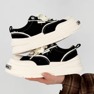 Lace-Up Canvas Shoes for Men and Women, Thick-Soled Height-Increasing Retro Sneakers, Niche National Trend Black Couple Shoes