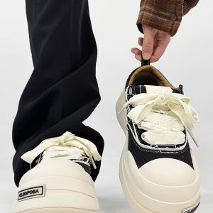 Lace-Up Canvas Shoes for Men and Women, Thick-Soled Height-Increasing Retro Sneakers, Niche National Trend Black Couple Shoes