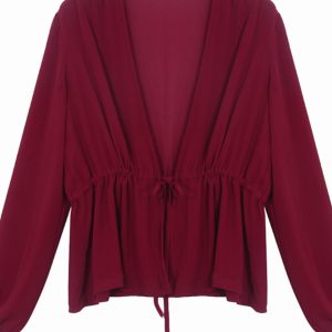 Lace-Up Lantern Sleeve Cardigan - Women's Chiffon Outerwear, V-Neck, Waist-Cinching Design for Spring/Summer 2025, Trendy Fashion Top