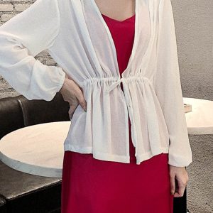 Lace-Up Lantern Sleeve Cardigan - Women's Chiffon Outerwear, V-Neck, Waist-Cinching Design for Spring/Summer 2025, Trendy Fashion Top