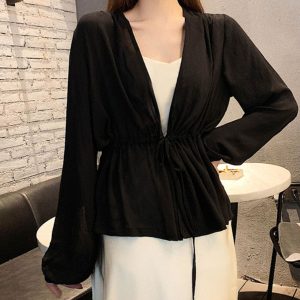 Lace-Up Lantern Sleeve Cardigan - Women's Chiffon Outerwear, V-Neck, Waist-Cinching Design for Spring/Summer 2025, Trendy Fashion Top